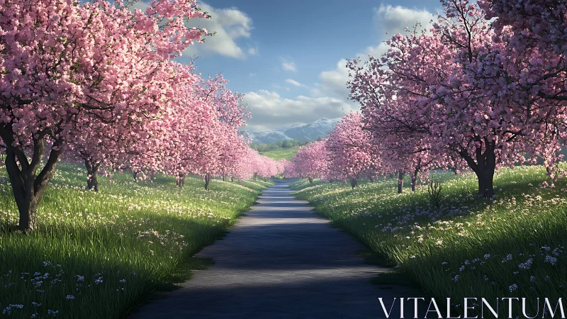 Cherry blossom lane under clear spring mountain sky.