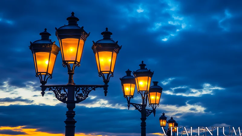 Row of illuminated street lanterns against dusk sky.
