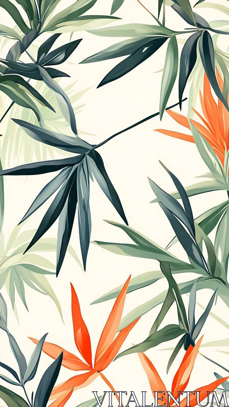 Tropical foliage illustration with vivid orange blooms.