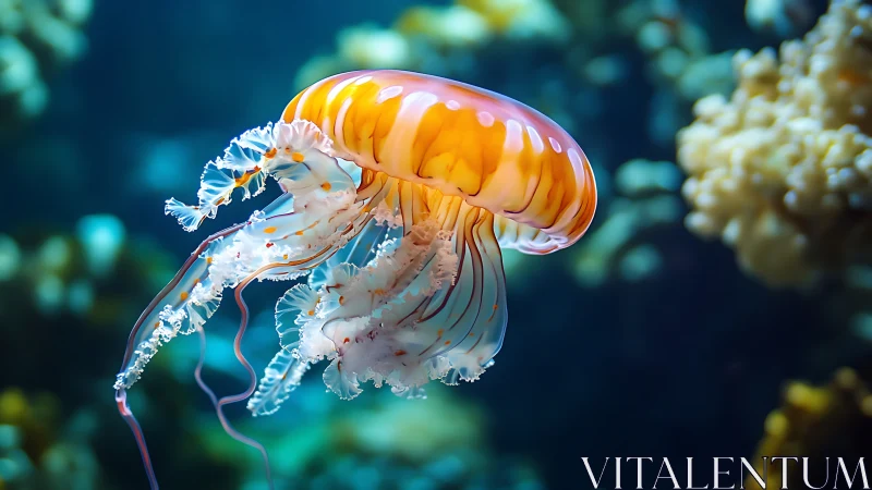 Jellyfish drifts in sharp focus against blurred reef background