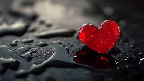 Crimson Heart Suspended on Wet Obsidian Surface.