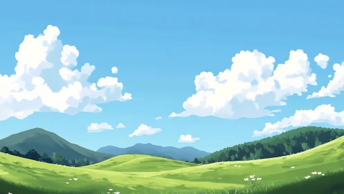 Sunny rolling meadows under soft storybook clouds.