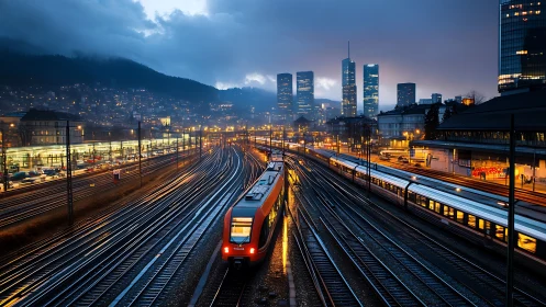 Nightfall city trains race along glowing tracks toward skyline