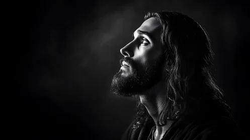 Side-lit contemplative portrait in dramatic monochrome profile.