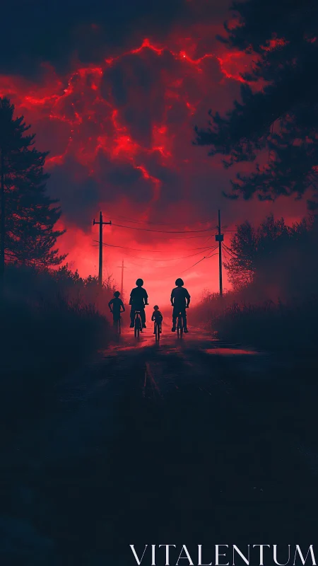 Cyclists race toward a glowing red storm on a rural road