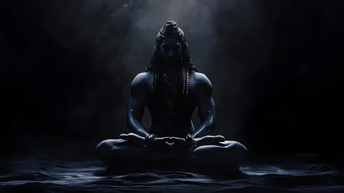 Midnight blue ascetic carves stillness from swirling shadow