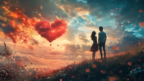 Dual Figures Contemplating Celestial Heart Formation Through Dreamscape.