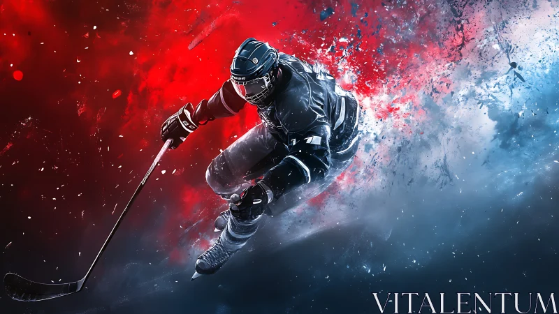 Ice hockey player skating through red and blue spray.