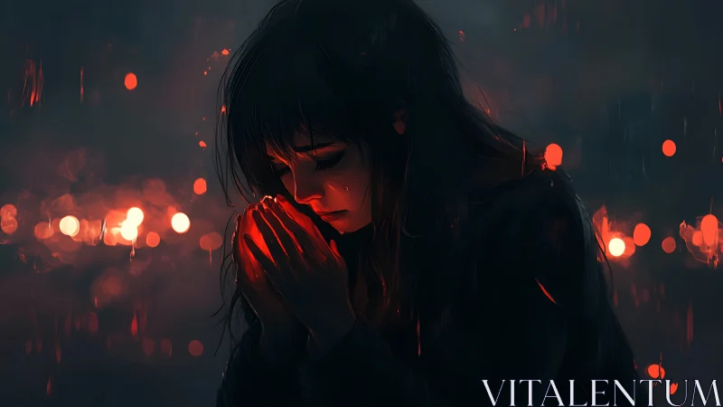 Low-key digital portrait isolates praying girl in red bokeh light