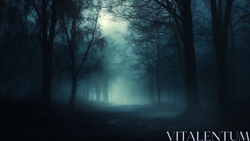 Moonlit misty forest path breathes eerie nocturnal calm