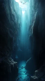 Narrow rocky chasm with blue water and overhead light.