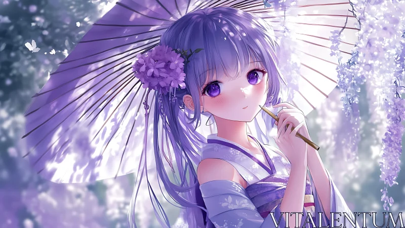 Purple haired girl in kimono with parasol under blossoms.