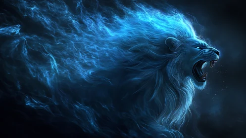 Plasma-spectrum leonine waveform rendered in luminous cyan flux.