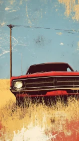 Red muscle car cuts dusty highway horizon in sunlit field