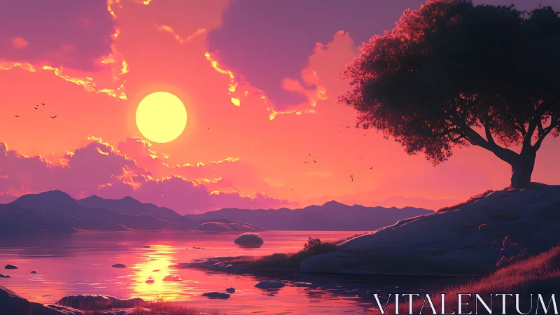 Glowing sunset sky welcomes a quiet lakeside tree to rest