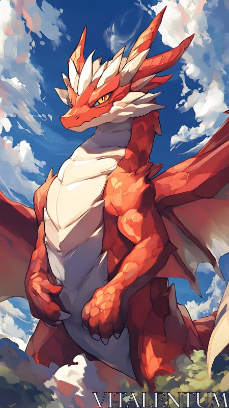 Red scaled dragon standing against bright cloudy sky.