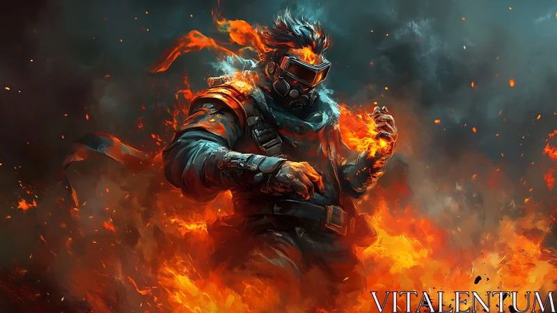 Flame-armored warrior strides through roaring inferno storm.