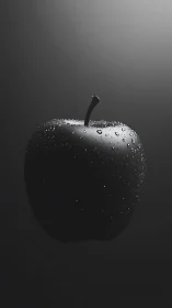 Black apple close-up with water droplets on dark background.