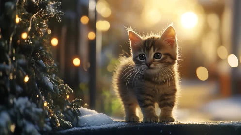Adorable Tabby Kitten Glowing in Festive Evening Light.