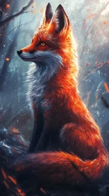 Luminous ember fox amid misty forest firelit atmosphere.