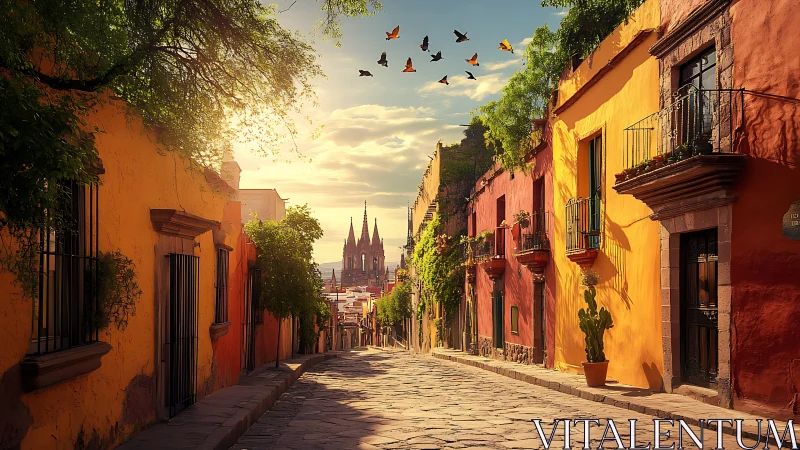 Sunlit cobblestone escape toward distant cathedral dreams.