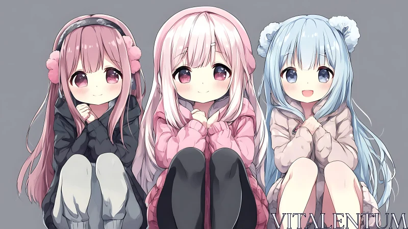 Cozy chibi trio sit together in pastel winter outfits.