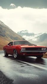 Red muscle car commands a wet mountain pass in moody light