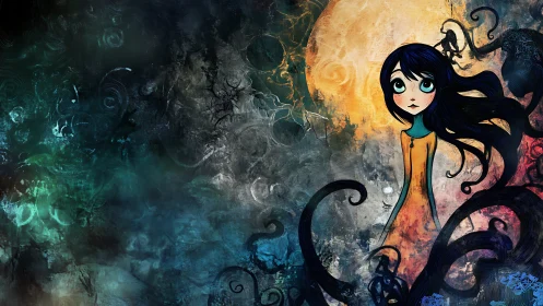 Dreamy moonlit girl wandering through swirling shadows.