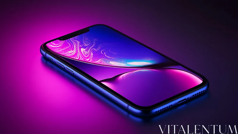 Modern smartphone with vibrant holographic display on neon gradient background.