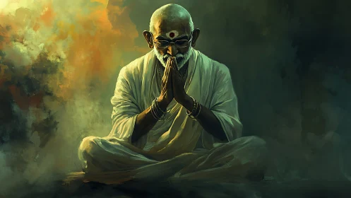 Elderly sage in white robes meditating in luminous haze.