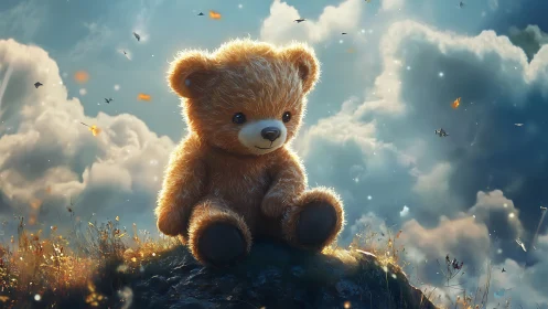 Golden teddy bear on sunlit hill under dreamy sky.