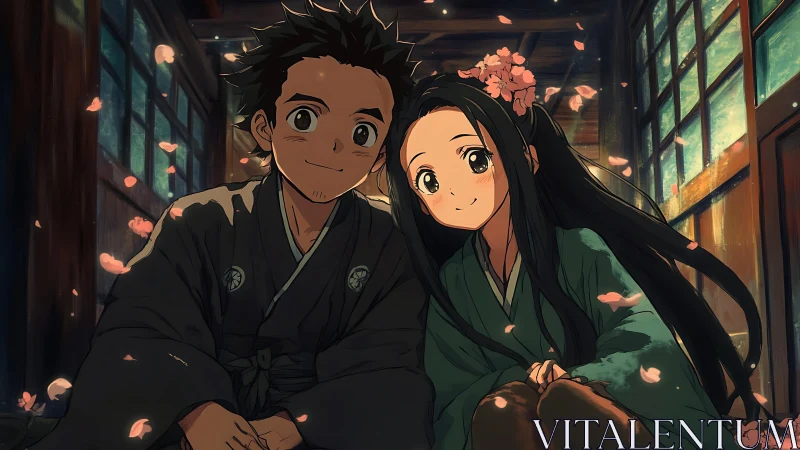 Soft petals drift while two kimono hearts share twilight