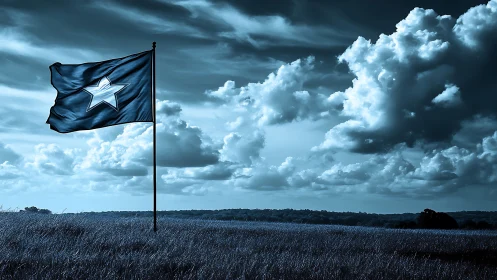 Flag with central star over open field under clouded sky.