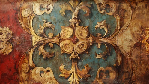 Ornate baroque medallion under warm distressed patina.