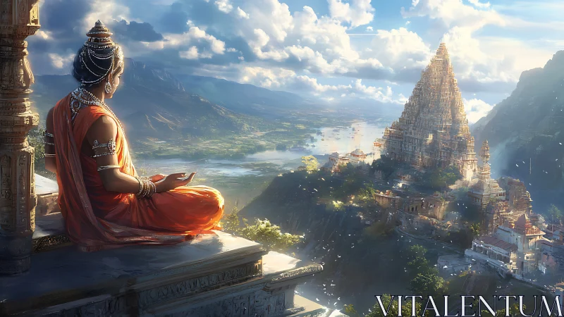 Meditative figure overlooking vast riverside temple city.