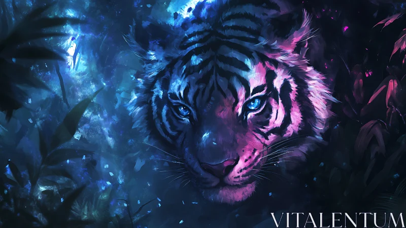 Neon-lit tiger portrait in bioluminescent jungle setting.