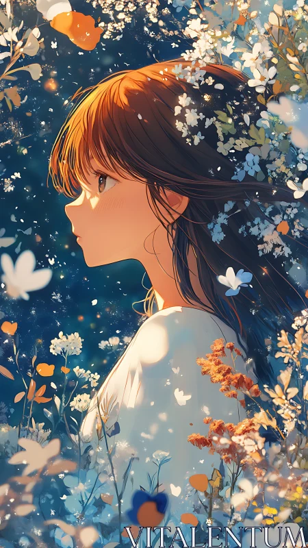 Digital anime portrait in luminous floral field composition.