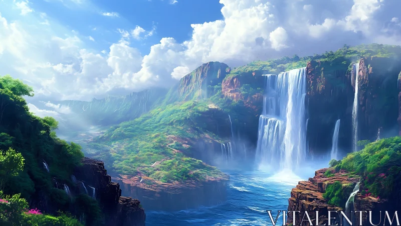 Emerald canyon cascades under cloud-lit sky in dreamlike glow.