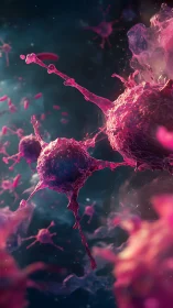 Radiant microscopic world of glowing pink cell clusters.