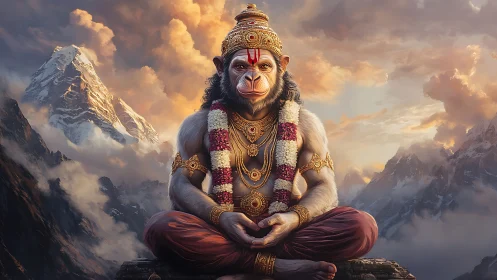 Mountain-throned monkey deity meditates in stormlit clouds.