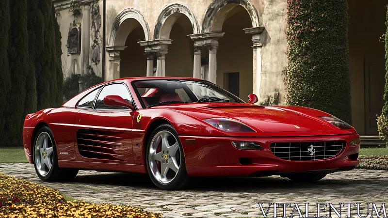 Red sports coupe parked by historic stone villa courtyard.