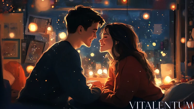 Couple gazing at city lights from window at night