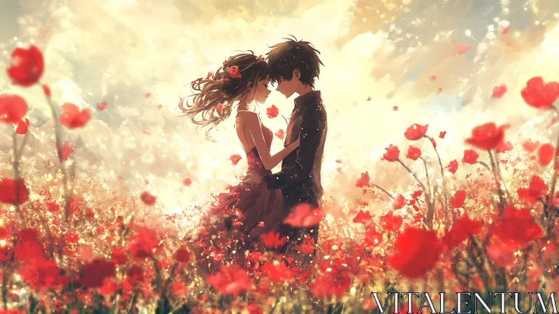 Couple embracing in field of red flowers with warm golden light