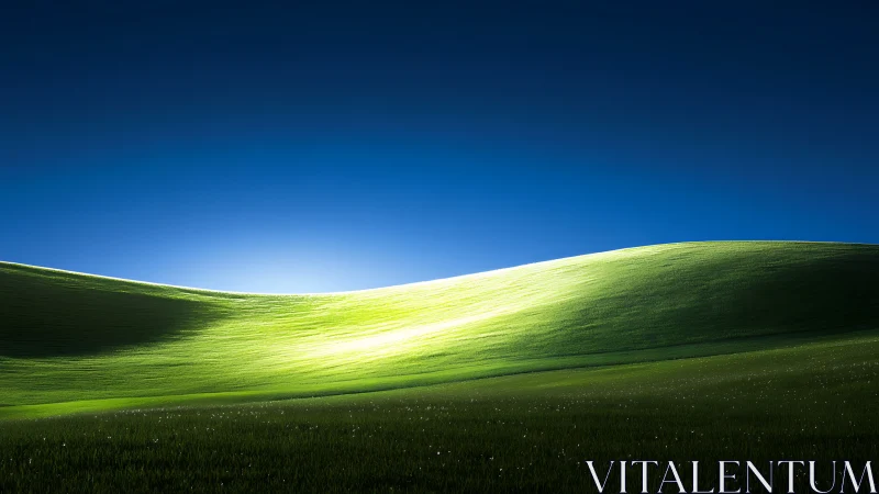 Sunlit green hillside gently rises beneath deep blue sky