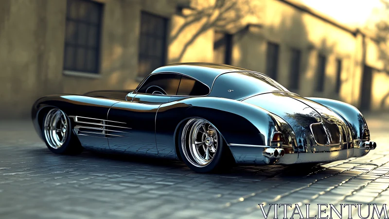 Chrome classic coupe sits low on cobbled street at sunset