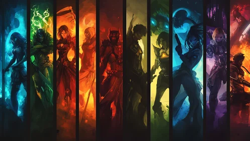 Elemental warrior lineup rendered in segmented chromatic spectrum bands