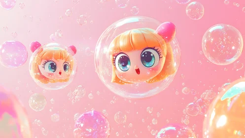 Magical bubble creatures with big eyes floating in pink dreamscape.