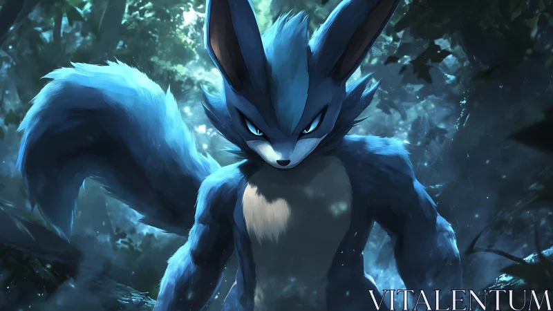 Blue forest guardian stands bold in a misty moonlit glow.