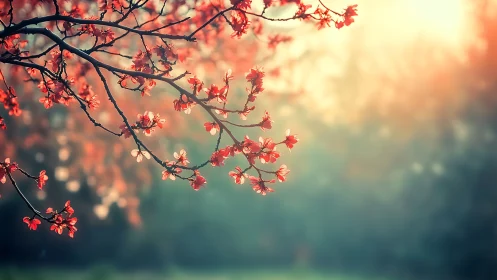 Blushing cherry branches drifting through sunrise haze.