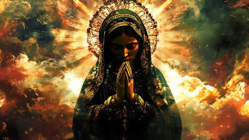 Radiant robed figure in prayer with celestial light corona.